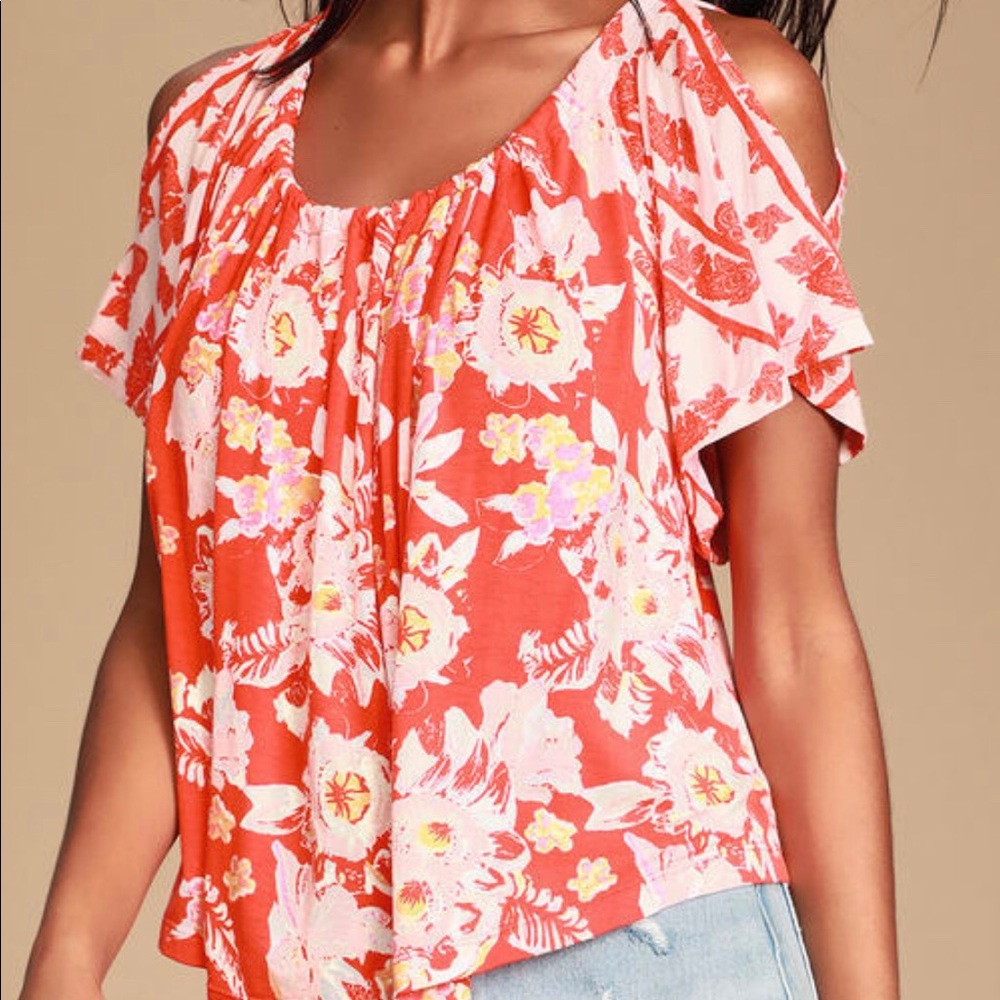 Free People Red Floral Cold-Shoulder Top
